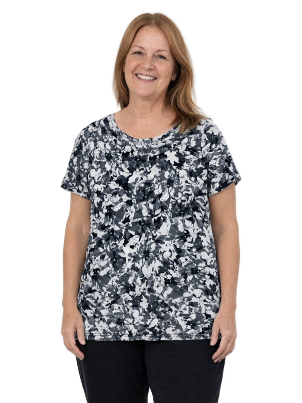 rafaella black and white floral print short sleeve shirt with chain decal